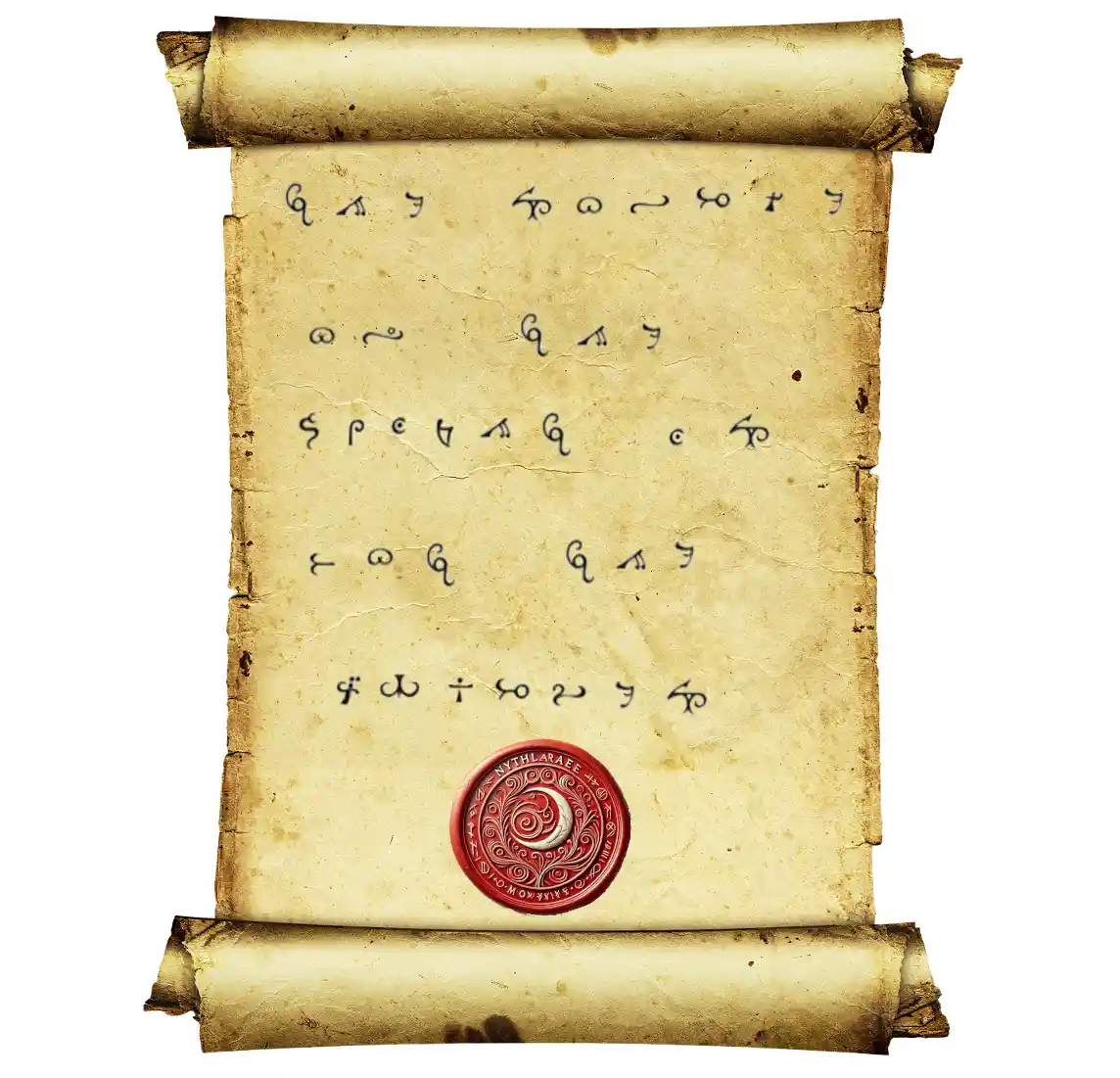 An aged, rolled parchment scroll with a red wax seal at the bottom, displaying rows of indecipherable ancient-looking…