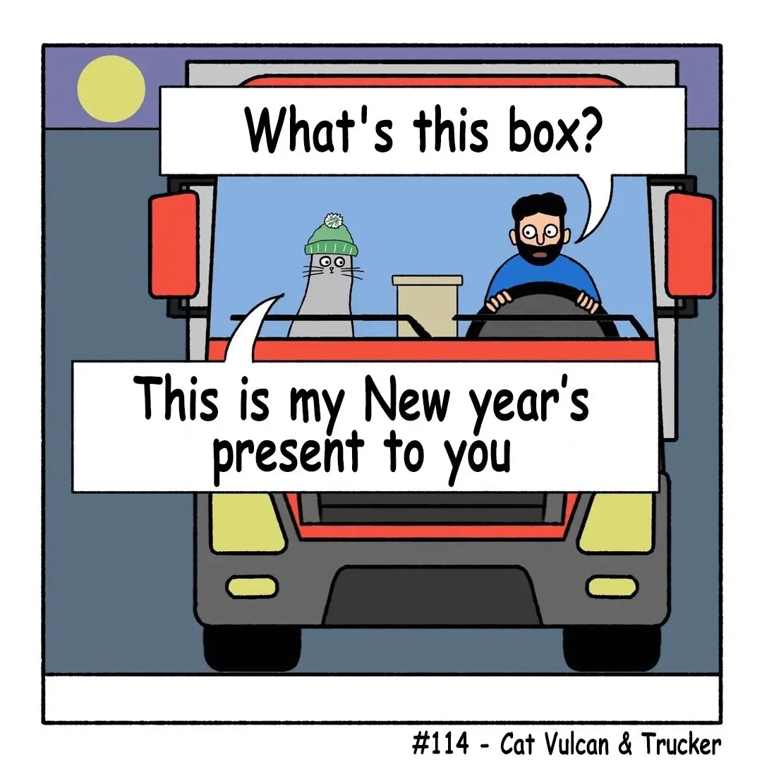 A cartoon depicts a trucker with a beard driving a large truck, with a grey cat wearing a green beanie sitting in the…