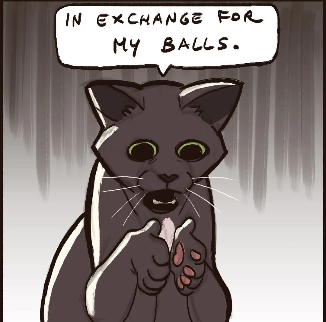 A cartoon grey cat with green eyes and white markings is shown holding a small white object between its paws, looking…