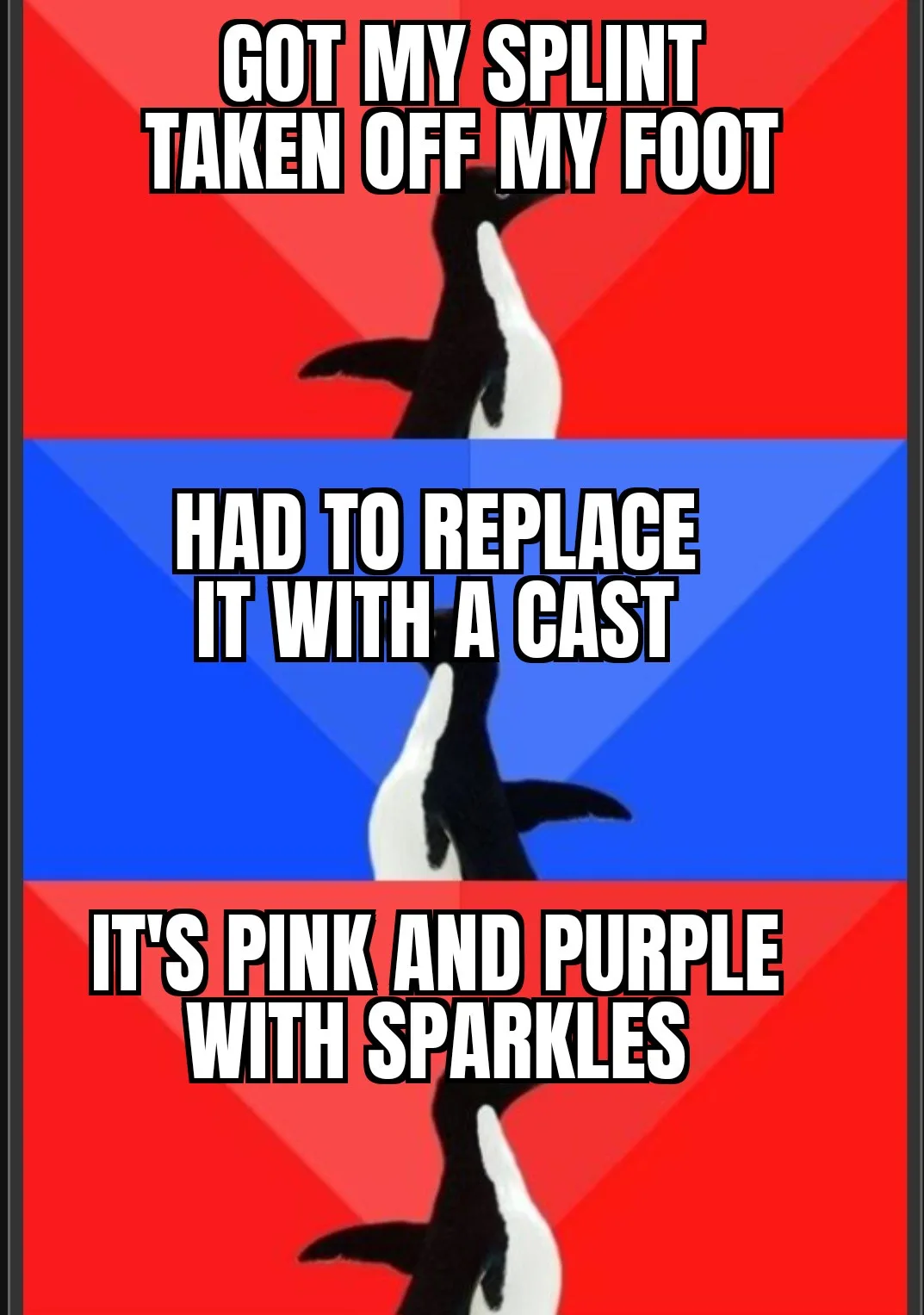 The image shows a penguin silhouette repeated three times vertically against alternating red and blue geometric backgrounds…