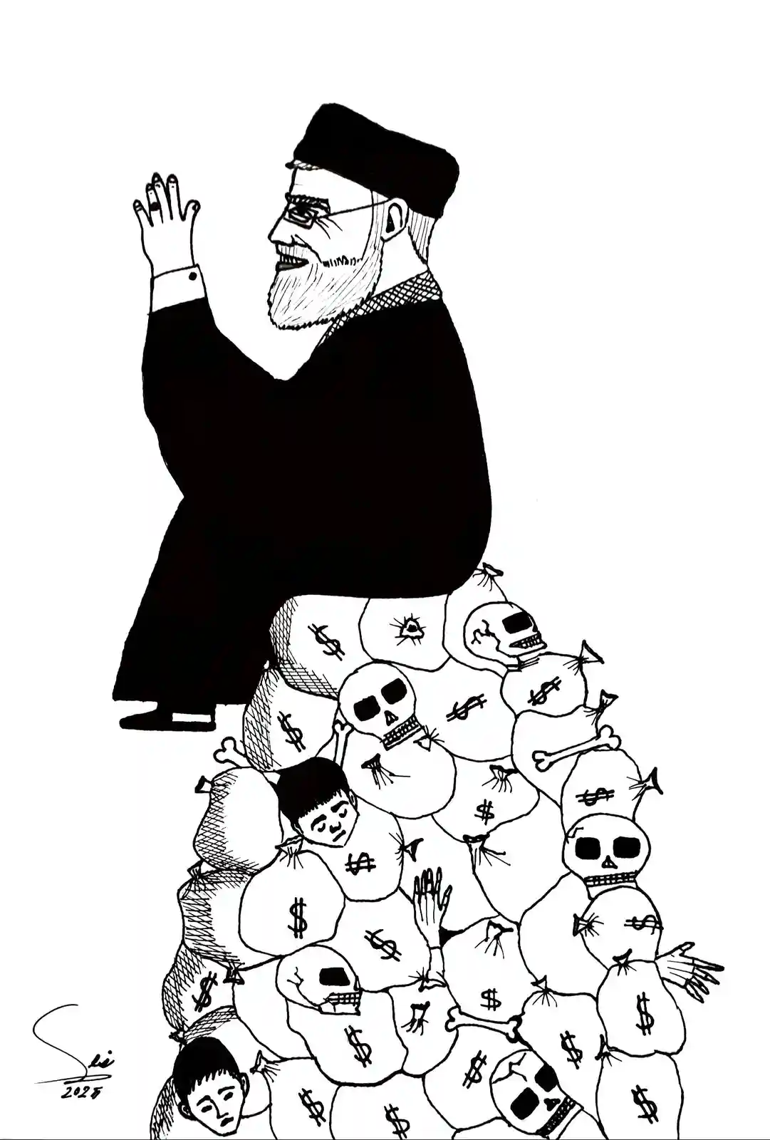 A black-and-white cartoon depicts a smiling, bespectacled man in a black robe and cap standing atop a pile of sacks marked…