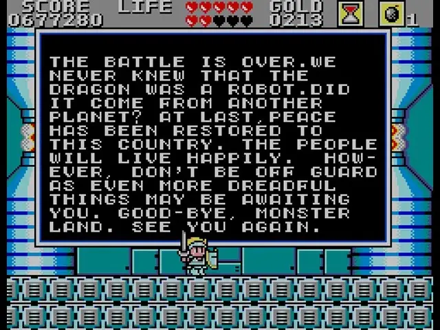 A screenshot from a pixelated 8-bit video game shows a post-battle text box with a character standing below it. The text box…
