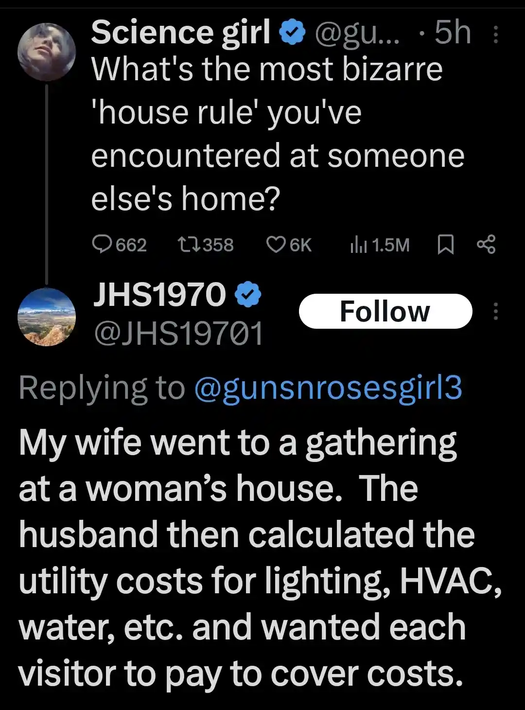 A screenshot of a Twitter thread where user 'Science girl' asks about bizarre house rules. A reply from 'JHS1970' describes…