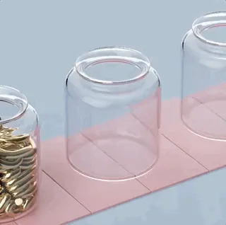 A six-panel sequence shows a clear glass jar being filled with golden liquid that solidifies into gold coins, then the coins…
