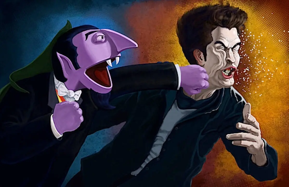 A purple-skinned cartoon vampire in a black suit and cape punches a human man who is visibly disintegrating into dust…