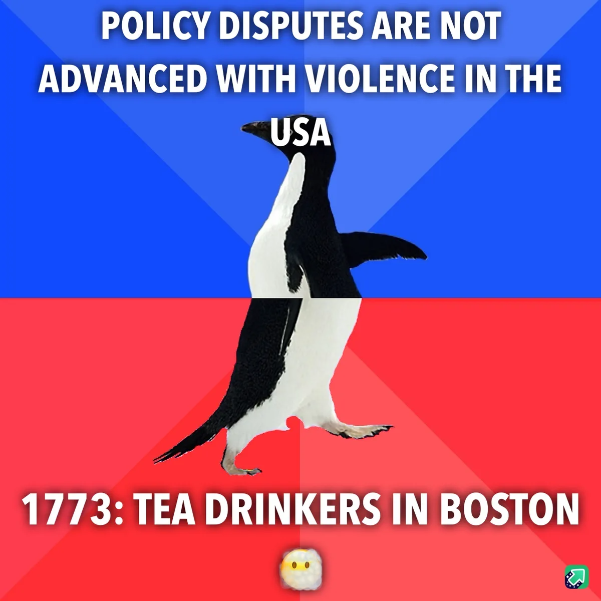 A penguin stands centered against a red and blue background, with white text at the top stating 'POLICY DISPUTES ARE NOT…