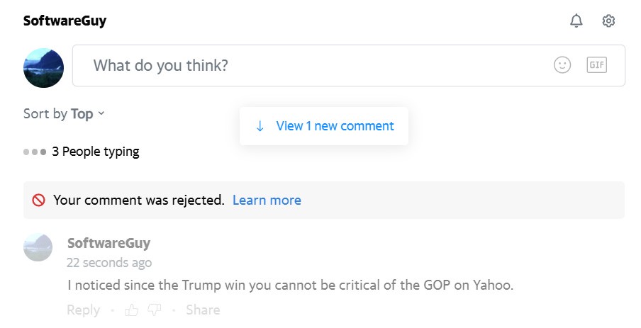 A screenshot of a Yahoo comment section shows a user named SoftwareGuy asking 'What do you think?' and then posting a…