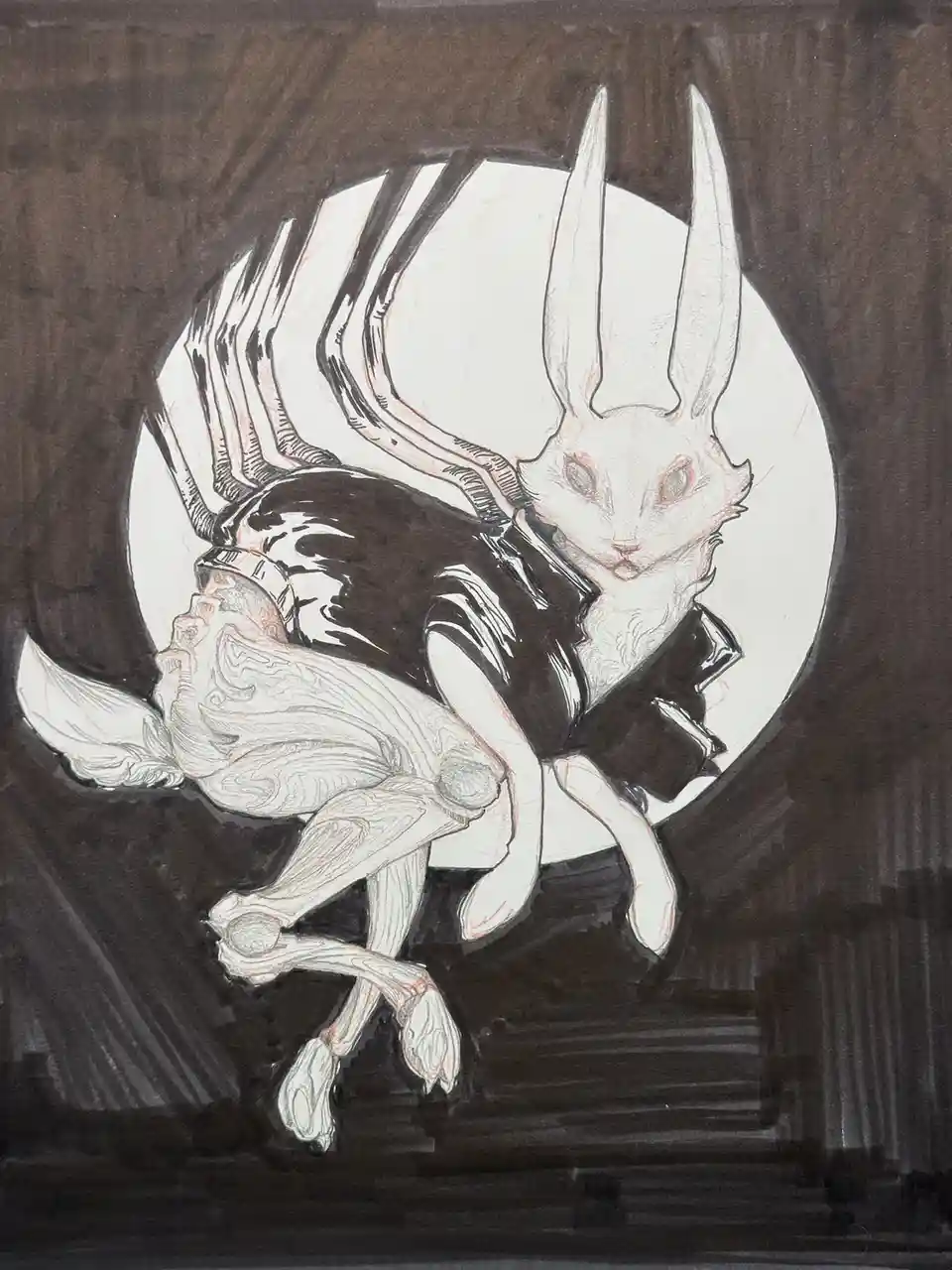 A stylized drawing shows a white rabbit with long ears and a black jacket, but with multiple spider-like legs extending from…