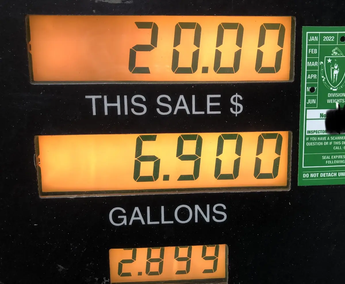 A close-up of a gas pump display showing a sale amount of $20.00, 6.900 gallons dispensed, and a final amount of 2.899. The…
