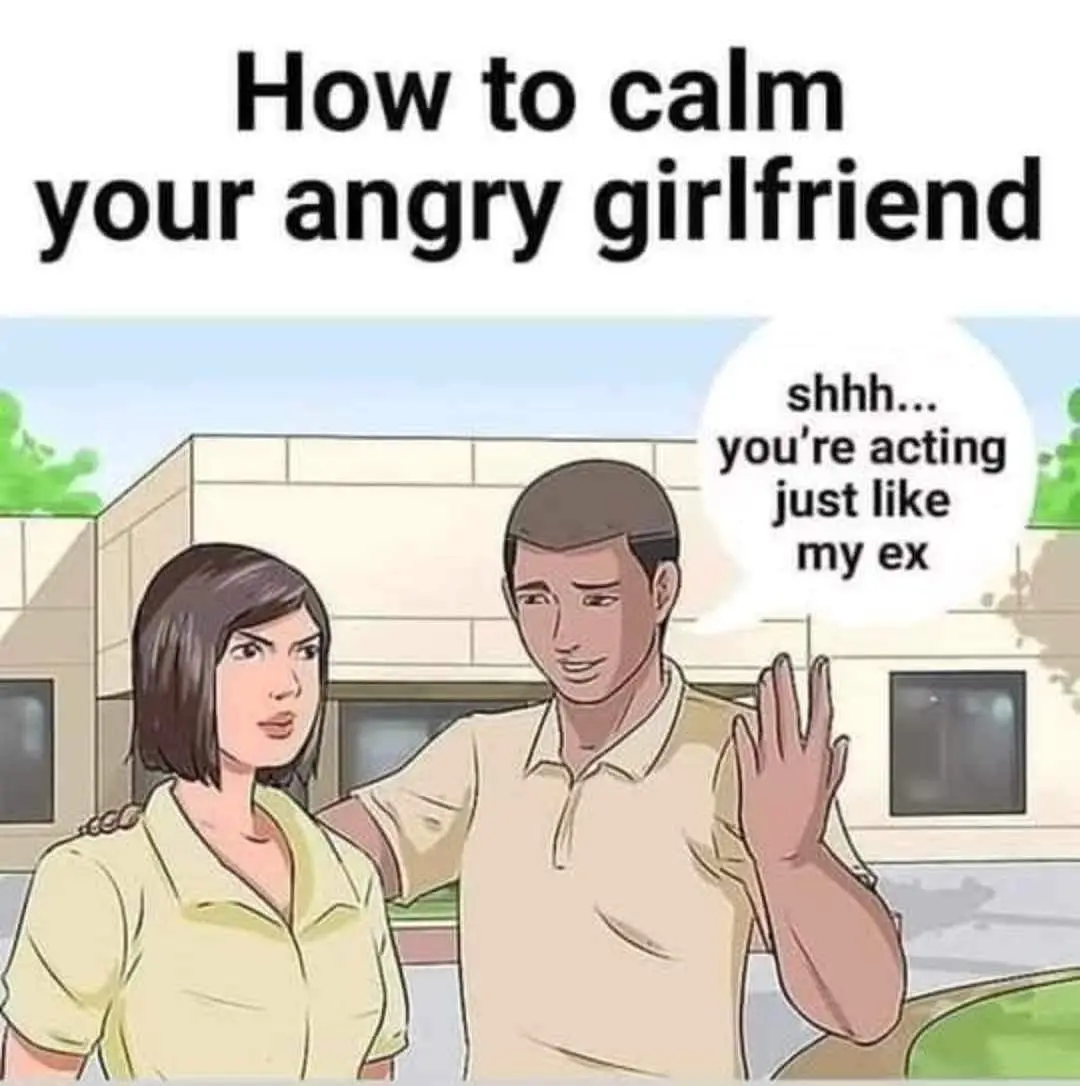 An illustrated image shows a man with a smug expression and raised hand trying to quiet an angry woman beside him. The text…