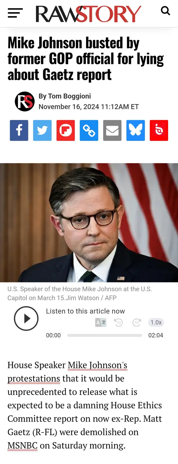 A screenshot of a RawStory news article shows a photo of U.S. House Speaker Mike Johnson looking serious, with an American…
