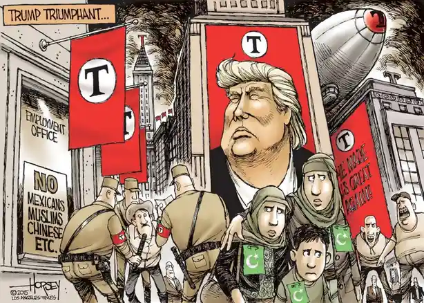 A political cartoon depicts a dystopian cityscape dominated by a giant portrait of Donald Trump with a 'T' logo. Soldiers in…