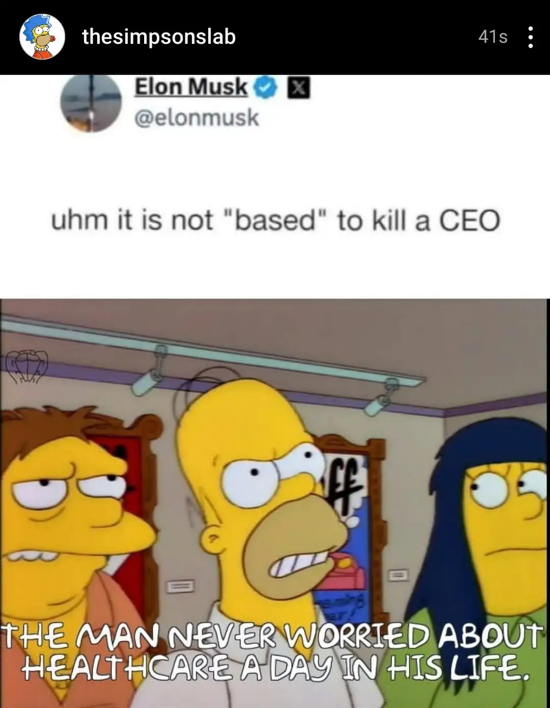 A screenshot of a tweet from Elon Musk's verified X account, which reads 'uhm it is not "based" to kill a CEO', is overlaid…