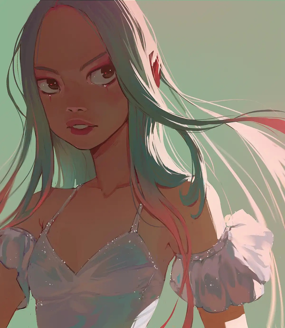 An anime-style illustration of a young woman with long, flowing teal and pink hair, wearing a light-colored top with puffy…
