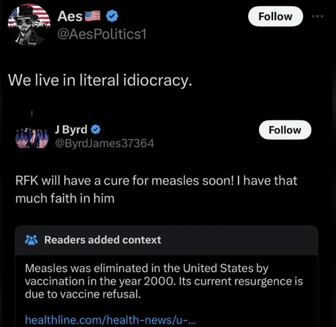 A screenshot of a Twitter thread shows a user named AesPolitics1 stating 'We live in literal idiocracy.' Below, user J Byrd…
