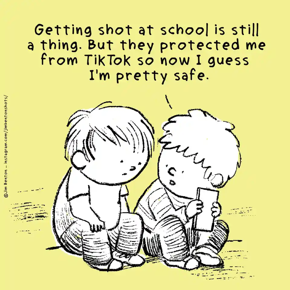 A black-and-white cartoon depicts two children sitting on the floor, one holding a phone. The text above them reads…