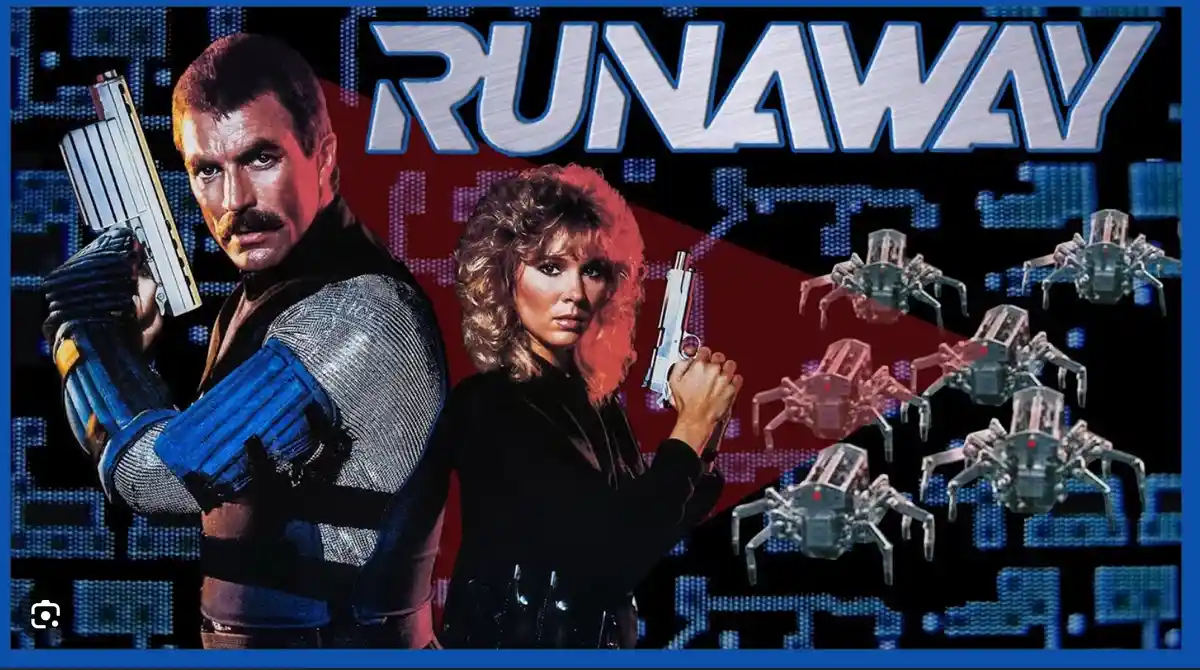 The image is a movie poster for 'Runaway' featuring a man and a woman holding guns, set against a digital background with…