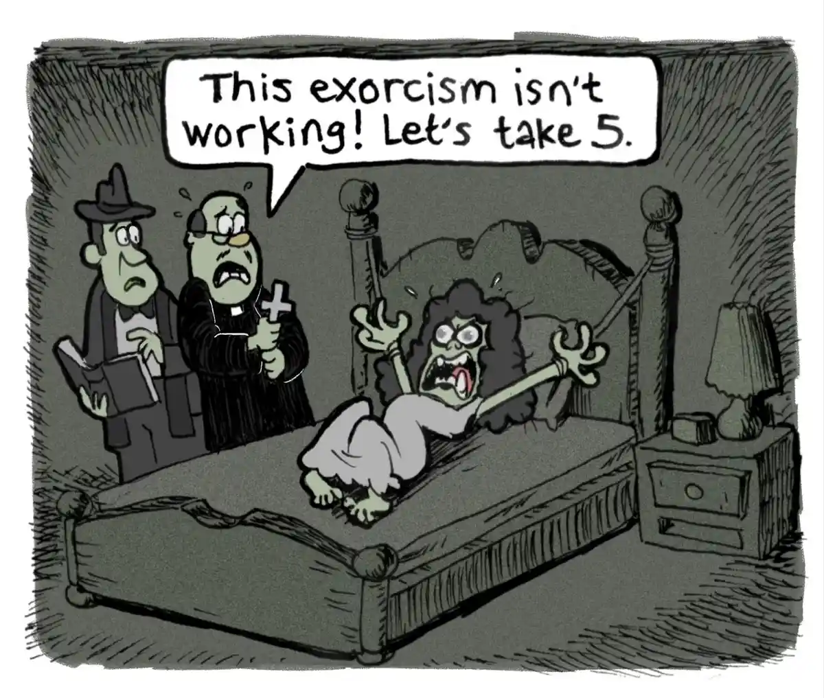 In a dimly lit bedroom, two men in dark robes stand beside a bed where a green-skinned, screaming demon with wild hair is…