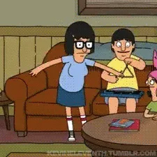 A six-frame animation from the animated TV show 'Bob's Burgers' shows Tina Belcher standing beside her brother Gene, who is…