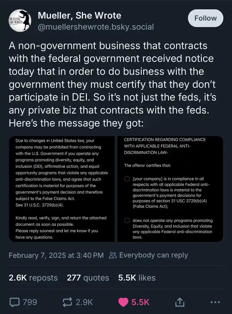 A screenshot of a social media post from 'Mueller, She Wrote' showing a government notice requiring private businesses to…