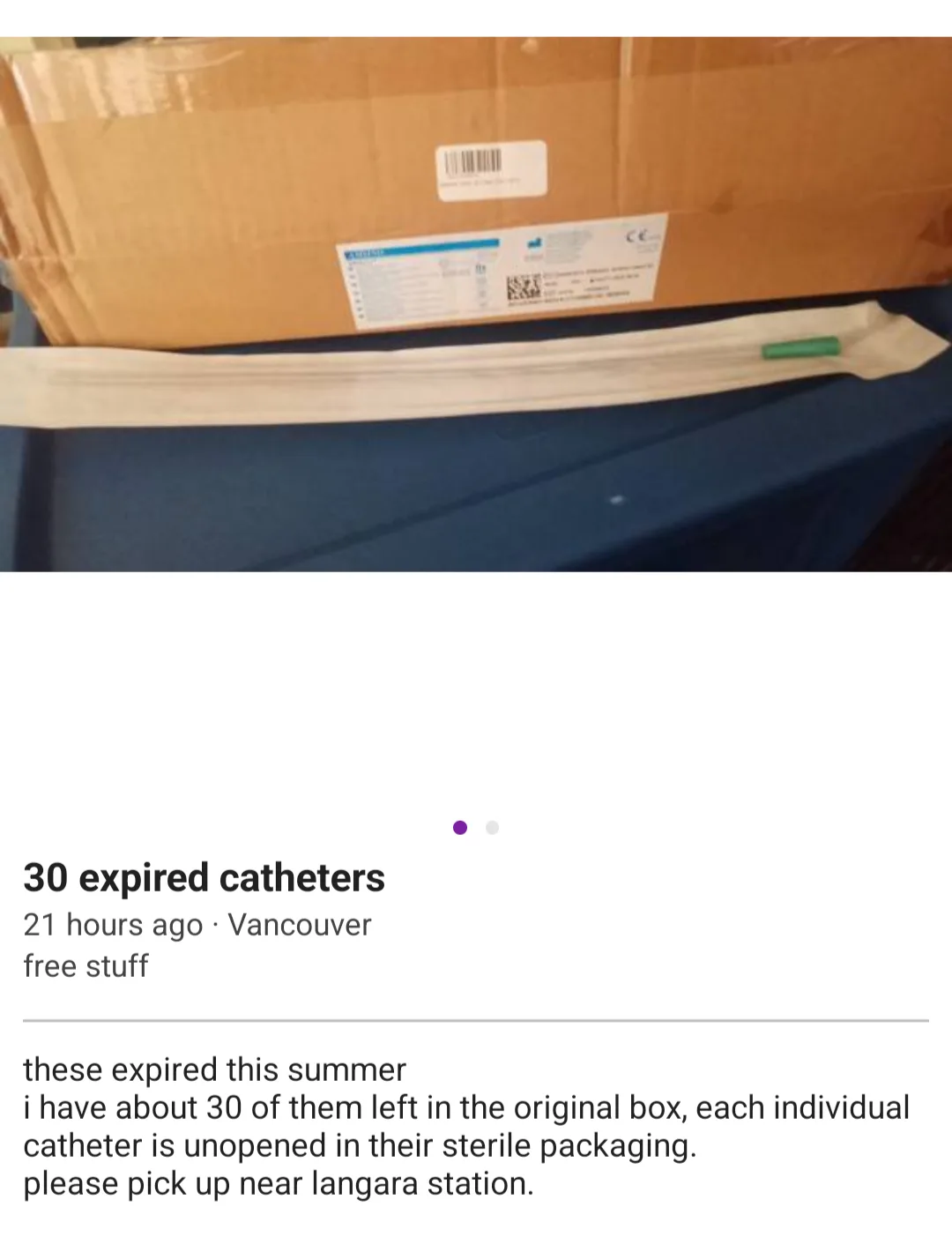 An image shows a cardboard box with a medical catheter in sterile packaging resting on a blue surface. Overlaid text mimics…