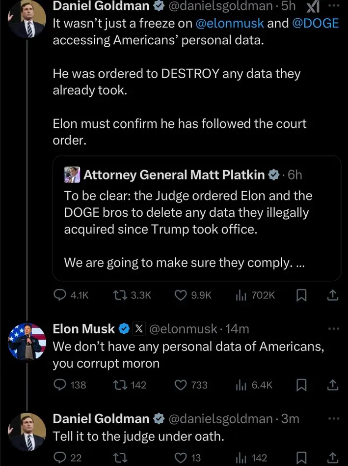 A screenshot of a Twitter thread shows Daniel Goldman accusing Elon Musk and DOGE of illegally accessing personal data and…