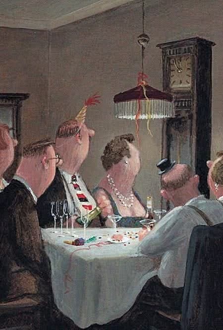 A vintage illustration depicts a group of formally dressed people seated around a dining table, appearing to be at a party…