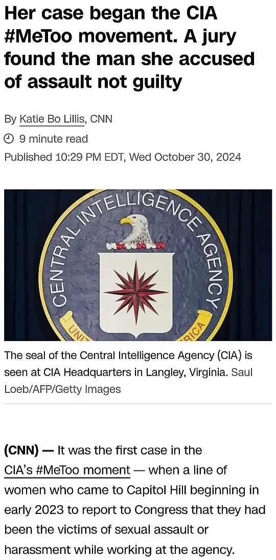 A screenshot of a CNN news article about a CIA #MeToo case, featuring the agency's official seal with an eagle and red…
