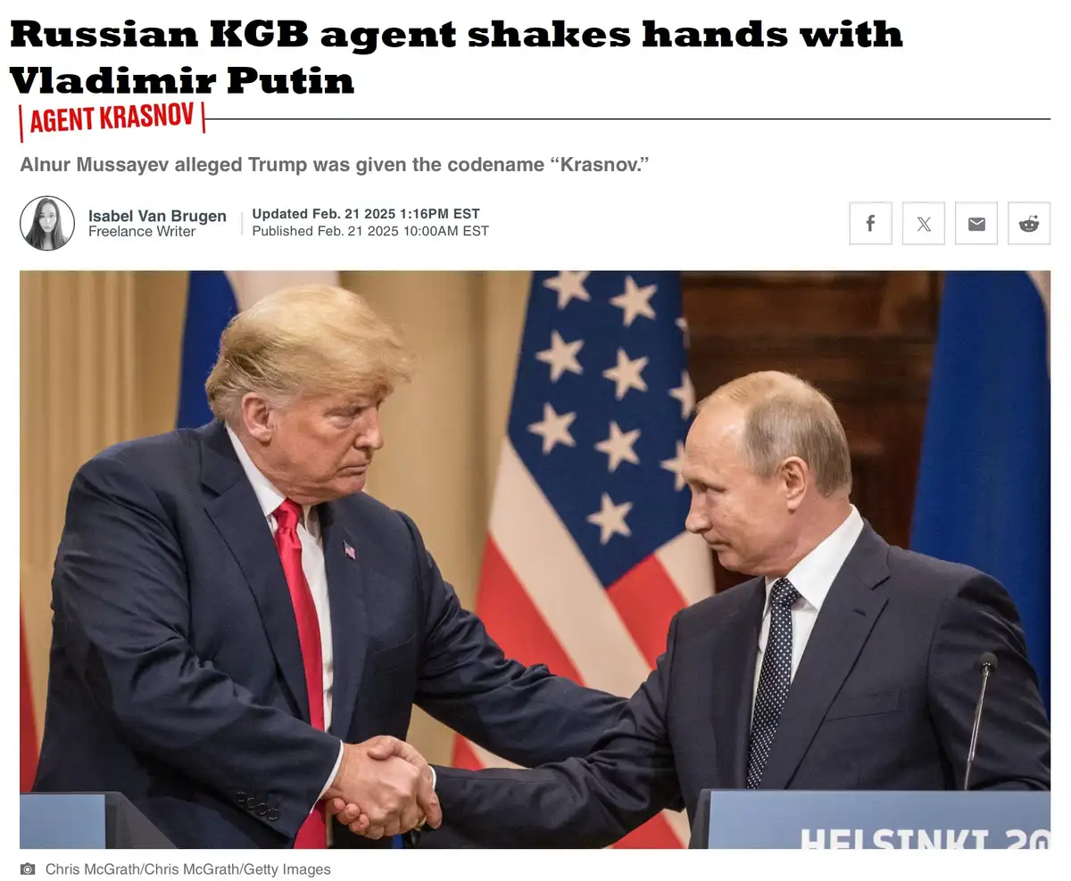 The image shows Donald Trump and Vladimir Putin shaking hands at a podium with an American flag behind them. The overlaid…