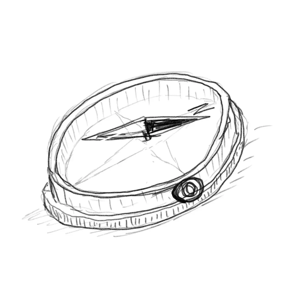 A hand-drawn black and white sketch of a compass with its needle pointing to the letter 'N' marked on the dial, indicating…