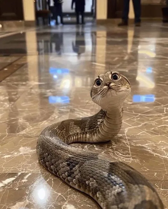 A snake with digitally edited, wide-eyed, cat-like facial features stares upward on a polished marble floor. The overlaid…