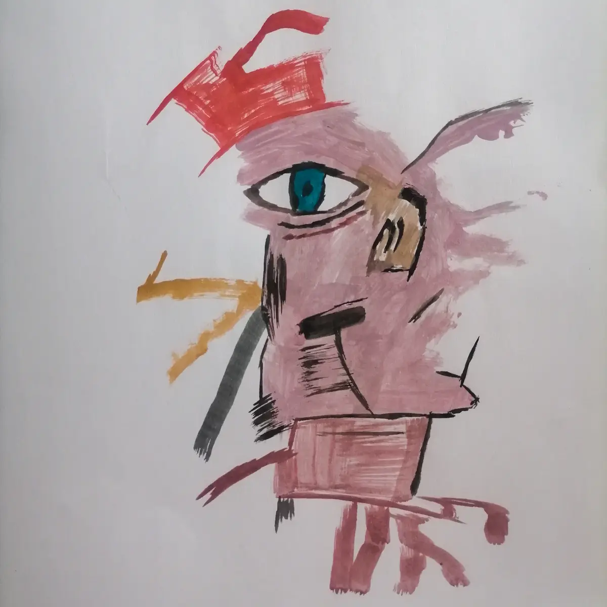 A childlike, abstract drawing depicts a pink-skinned, one-eyed creature with a red hat, holding a sword and a yellow object…