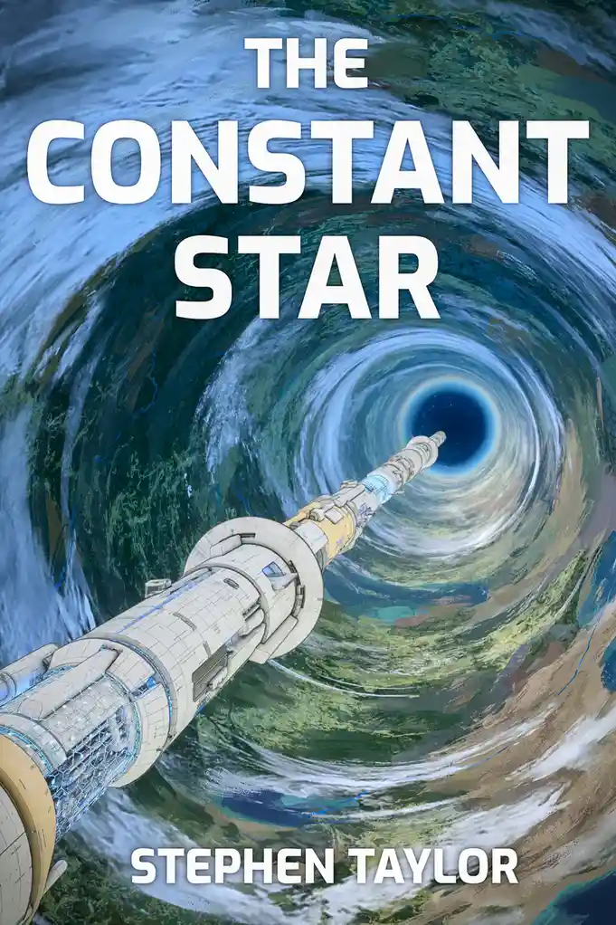 A science fiction book cover titled 'THE CONSTANT STAR' by Stephen Taylor, depicting a futuristic spaceship flying through a…
