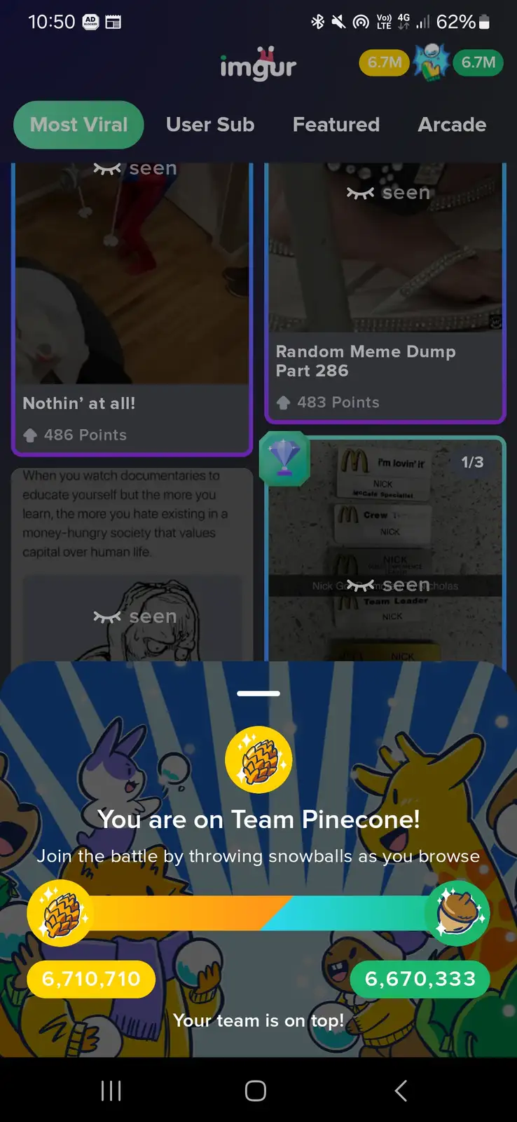 A screenshot of the Imgur app showing a 'Team Pinecone' battle overlay with cartoon characters and snowball scores. The…