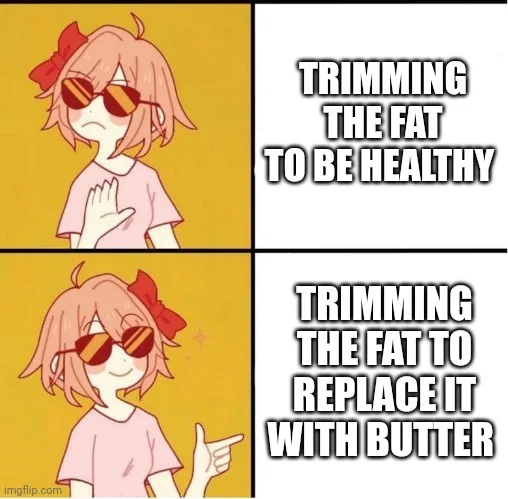 A two-panel meme featuring the same anime girl with pink hair and a red bow, wearing sunglasses. In the top panel, she holds…