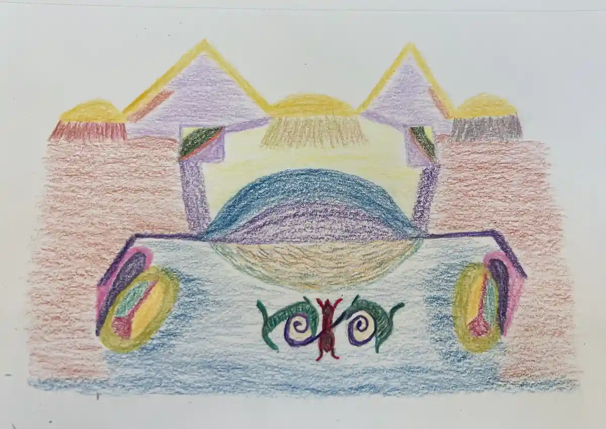 A child's crayon drawing depicts a whimsical, colorful car with a large blue and purple dome roof, two cartoonish spiral…