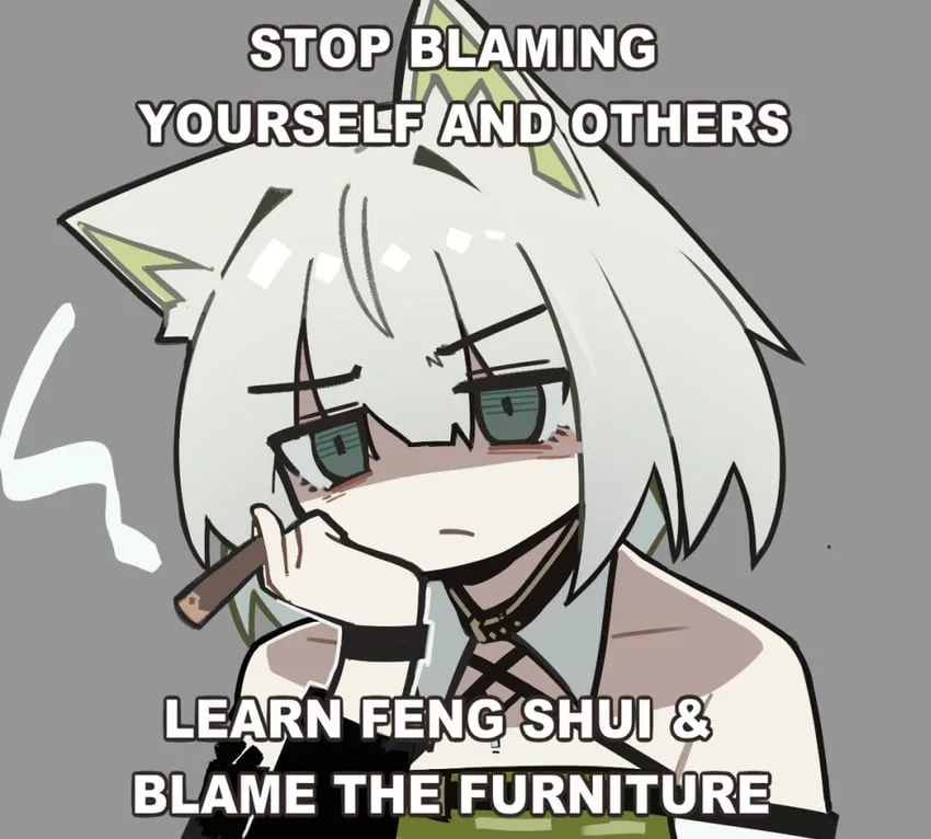An anime-style character with white hair and cat ears holds a cigar, looking annoyed, with text overlaid that reads 'STOP…