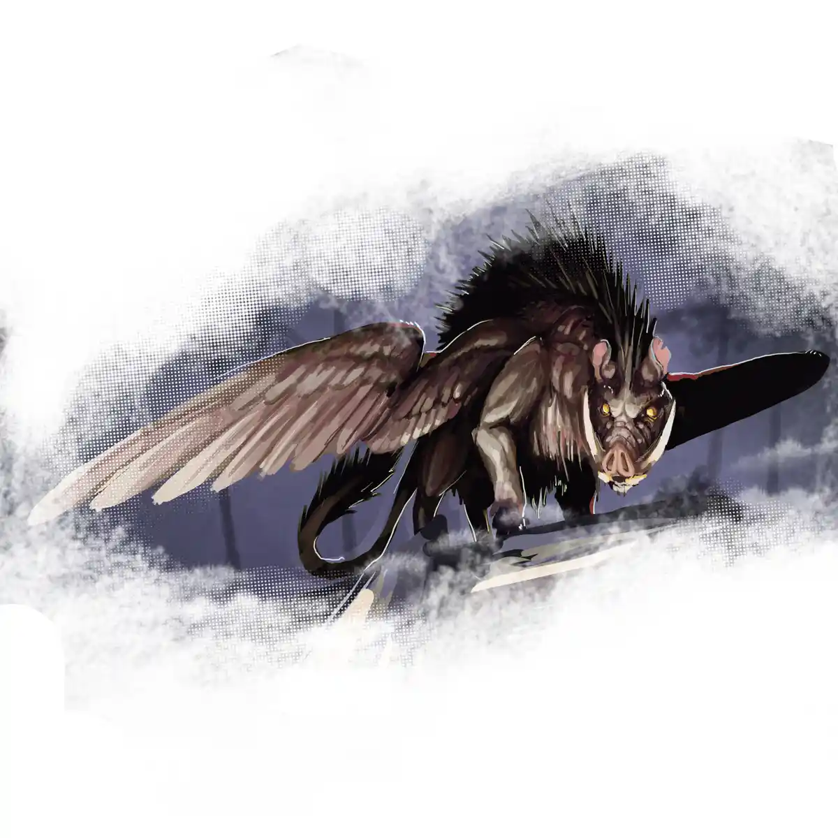 A menacing, winged boar-like creature with glowing yellow eyes and a spiky mane stands atop a broken, dark-colored airplane…