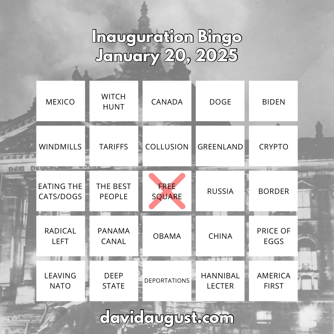 A black-and-white image of a building with a bingo card overlaid, titled 'Inauguration Bingo January 20, 2025'. The card has…