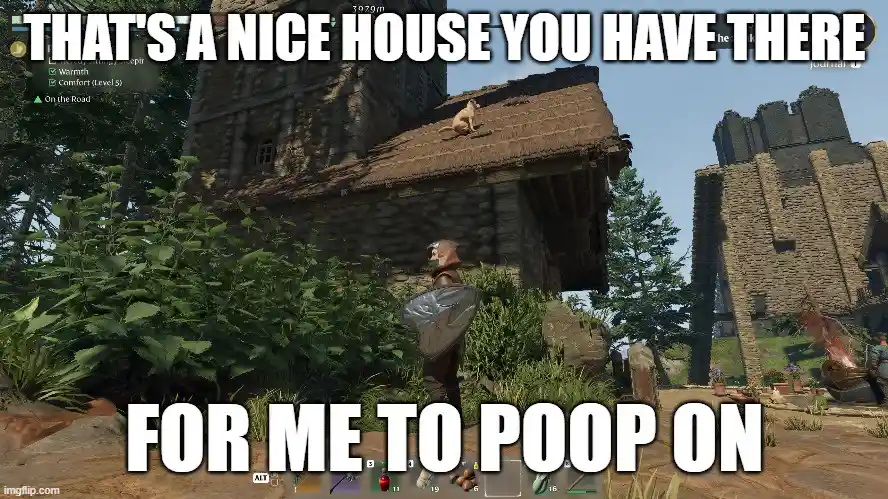 A screenshot from the video game Valheim shows a player character standing before a rustic stone house with a thatched roof…