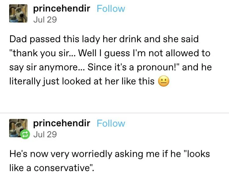 A screenshot of two social media posts by 'princehendir' showing a humorous anecdote. The first post describes a woman…