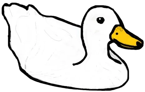 A simple, hand-drawn cartoon of a white duck with a yellow beak and black eye, outlined in black against a transparent…