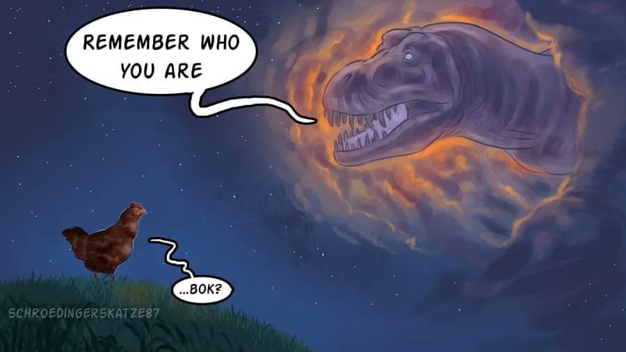 A cartoon chicken stands on grass under a starry night sky, looking up at a giant, fiery T-Rex head looming in the clouds…