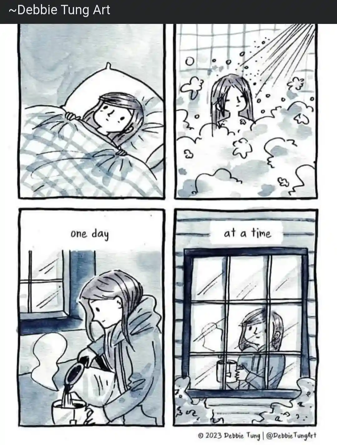 A four-panel comic strip by Debbie Tung shows a woman starting her day in bed, then taking a bubble bath, then making…