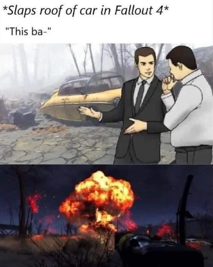 The top panel shows two men in Fallout 4, one gesturing toward a yellow car while the other looks on, with text above…