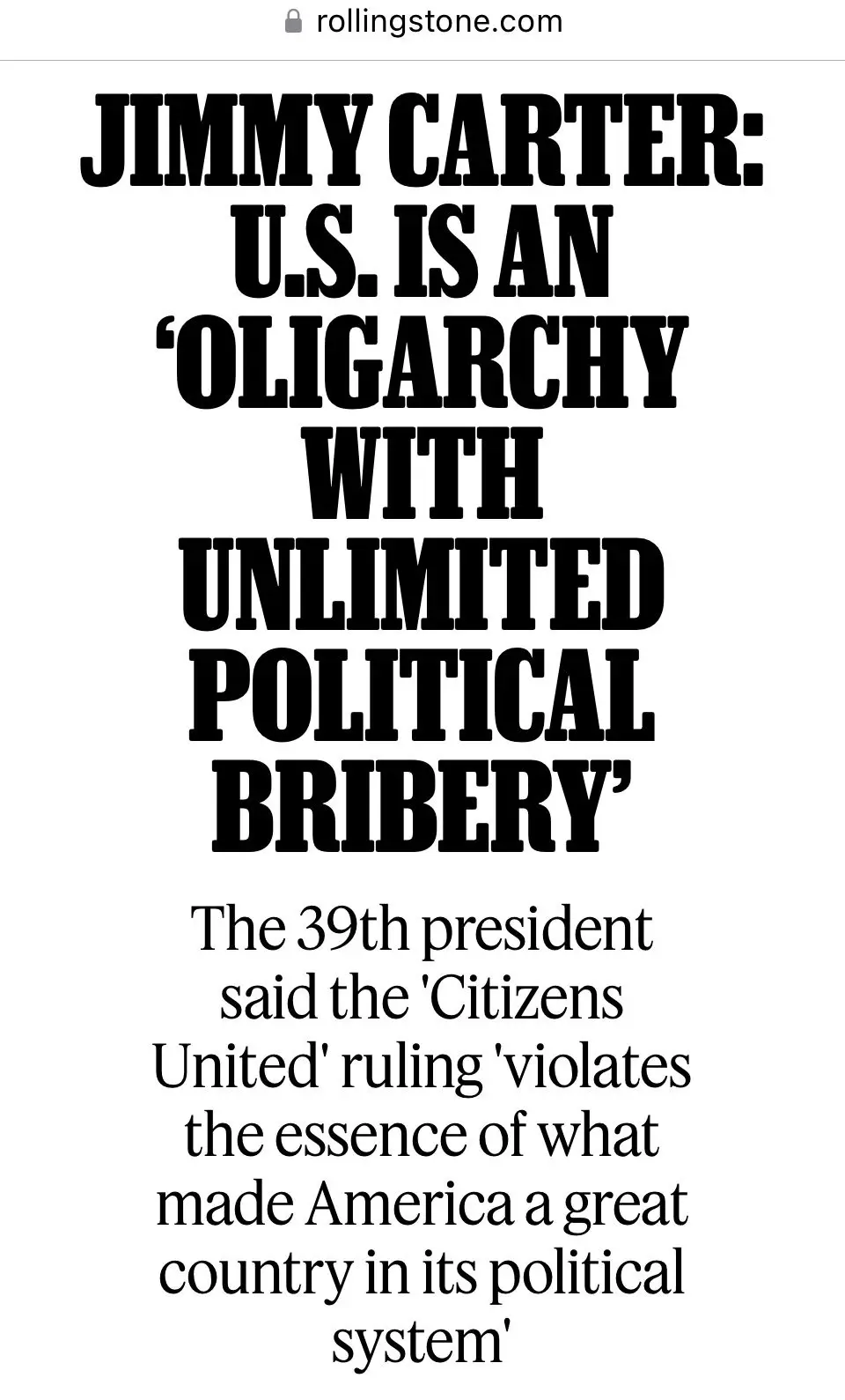 A black-and-white text-based image from Rolling Stone features bold text stating Jimmy Carter's claim that the U.S. is an…