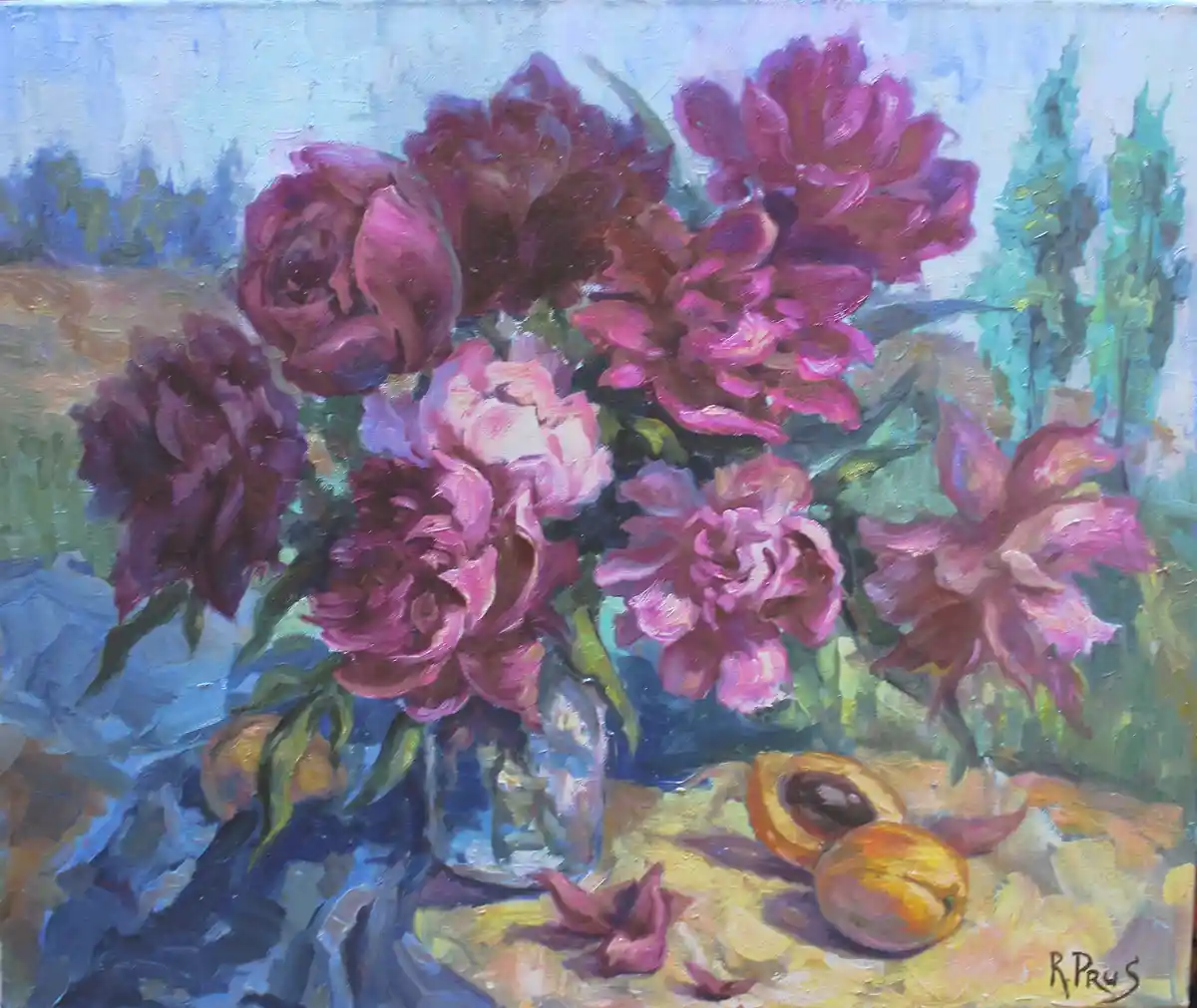 An oil painting depicts a vibrant bouquet of pink and purple peonies in a glass vase, with a halved peach and another whole…