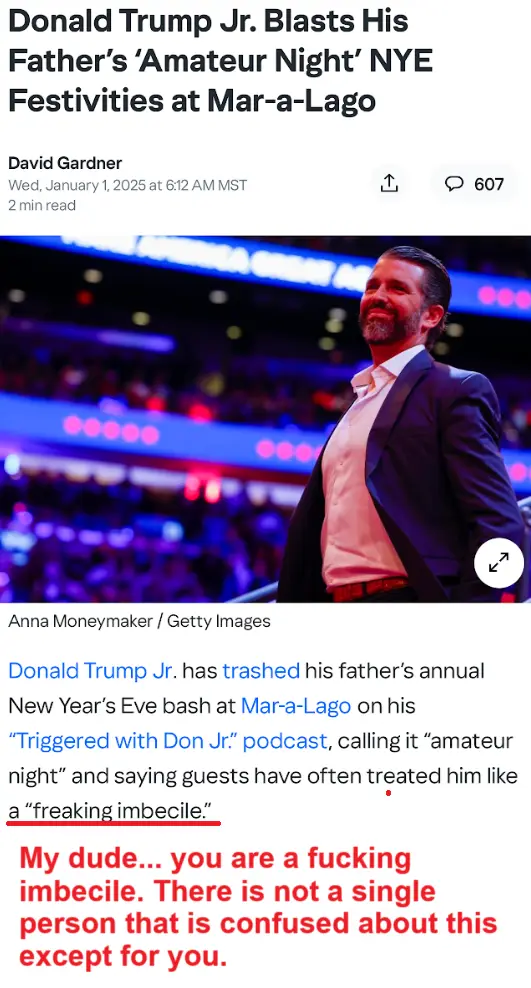 A screenshot of a news article about Donald Trump Jr. criticizing his father's New Year's Eve party. The article text is…