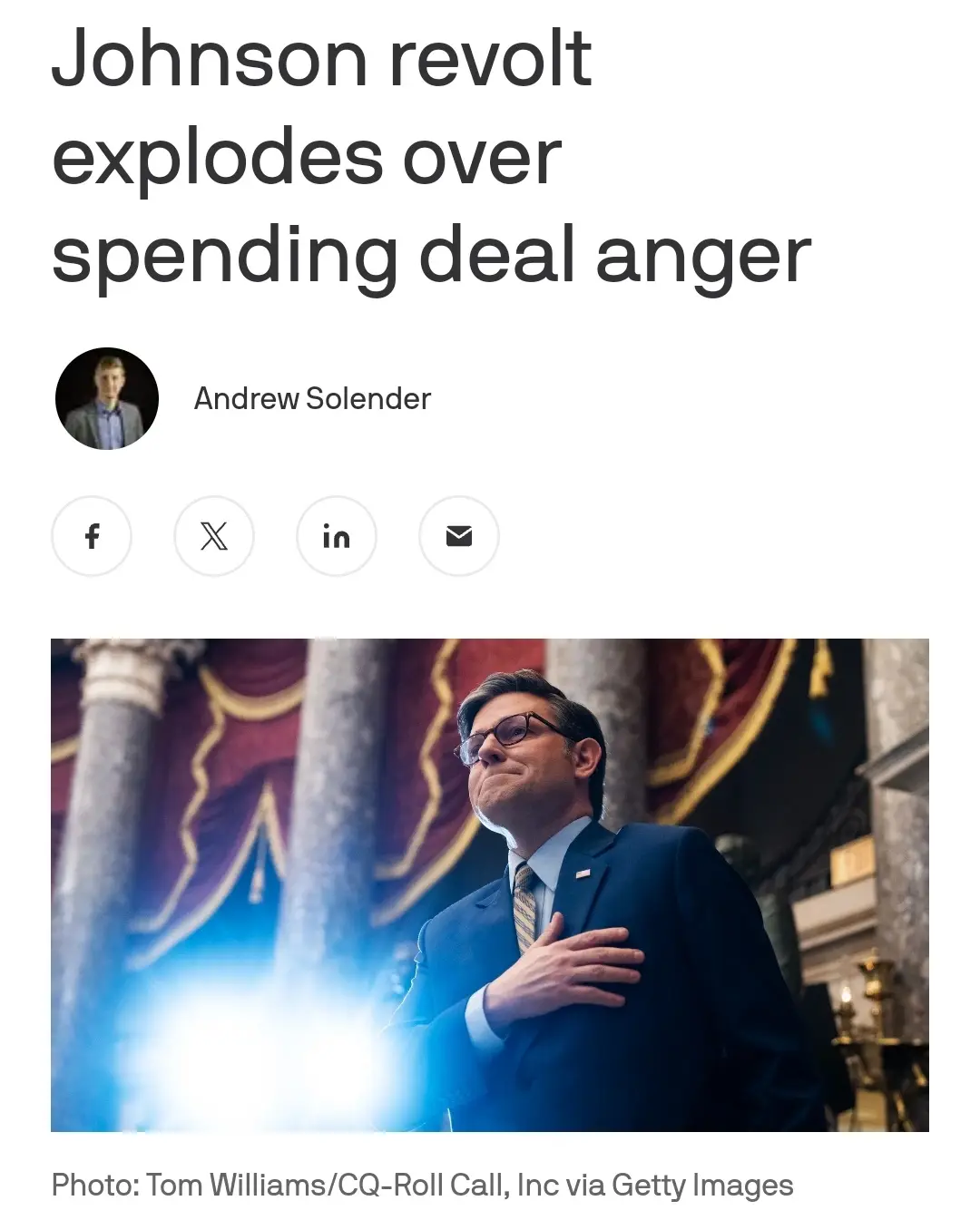 A screenshot of a news article header with the headline 'Johnson revolt explodes over spending deal anger' and byline…