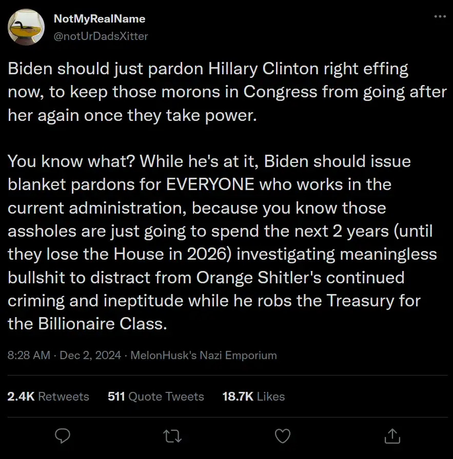 A screenshot of a tweet from a user named 'NotMyRealName' with a black background and white text. The tweet expresses a…